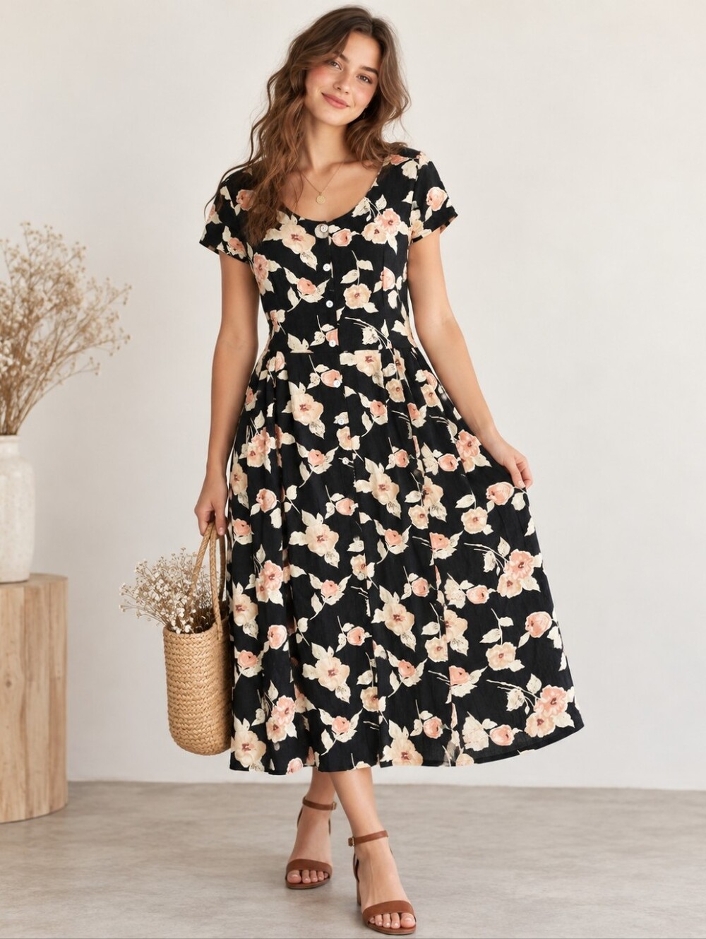 Vintage 90s Boho Floral Maxi Dress Size L Short Sleeve Black Y2K